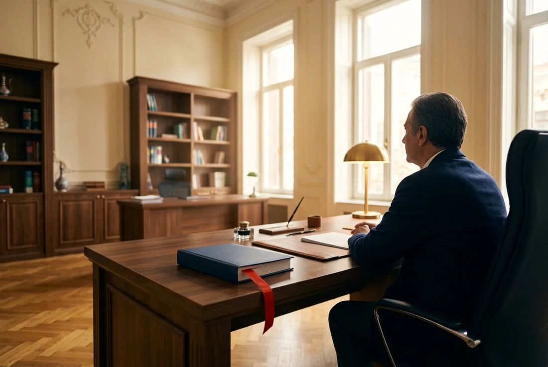 Professional client seated at a walnut desk in a high-ceilinged office with a Turkish inheritance dossier and red ribbon bookmark