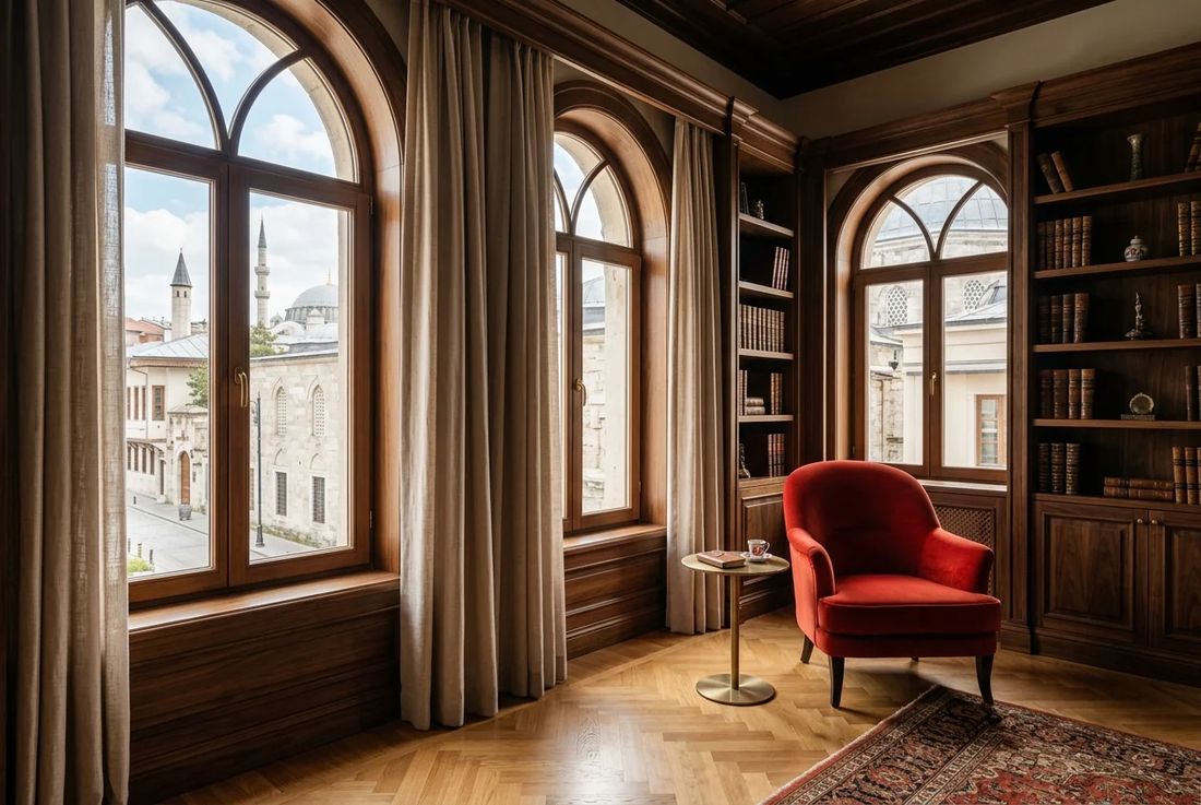 Historic Istanbul private legal consultation salon with arched windows, bookcases and a red velvet accent chair