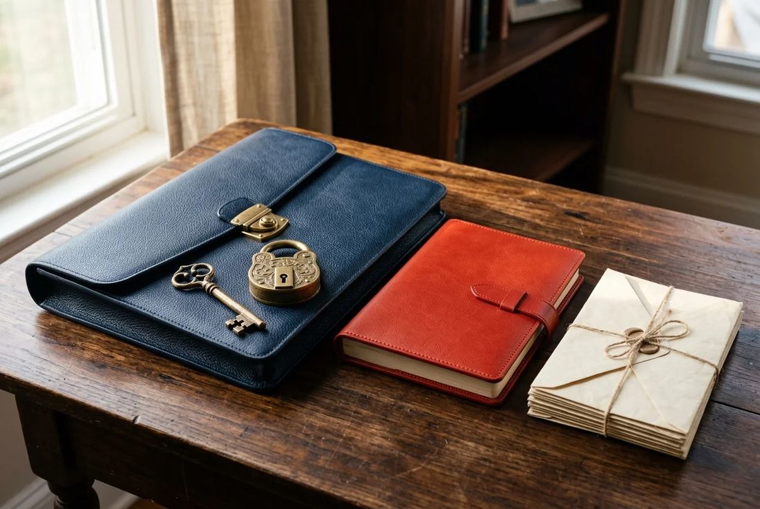 Navy estate portfolio with brass key and lock beside a textured red leather journal and bound linen files
