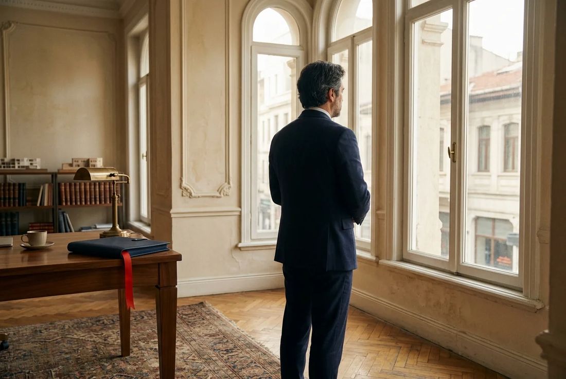 Professional in a dark navy suit looks out from a high-ceilinged Istanbul office over historic roofs with a real estate closing folder on walnut desk