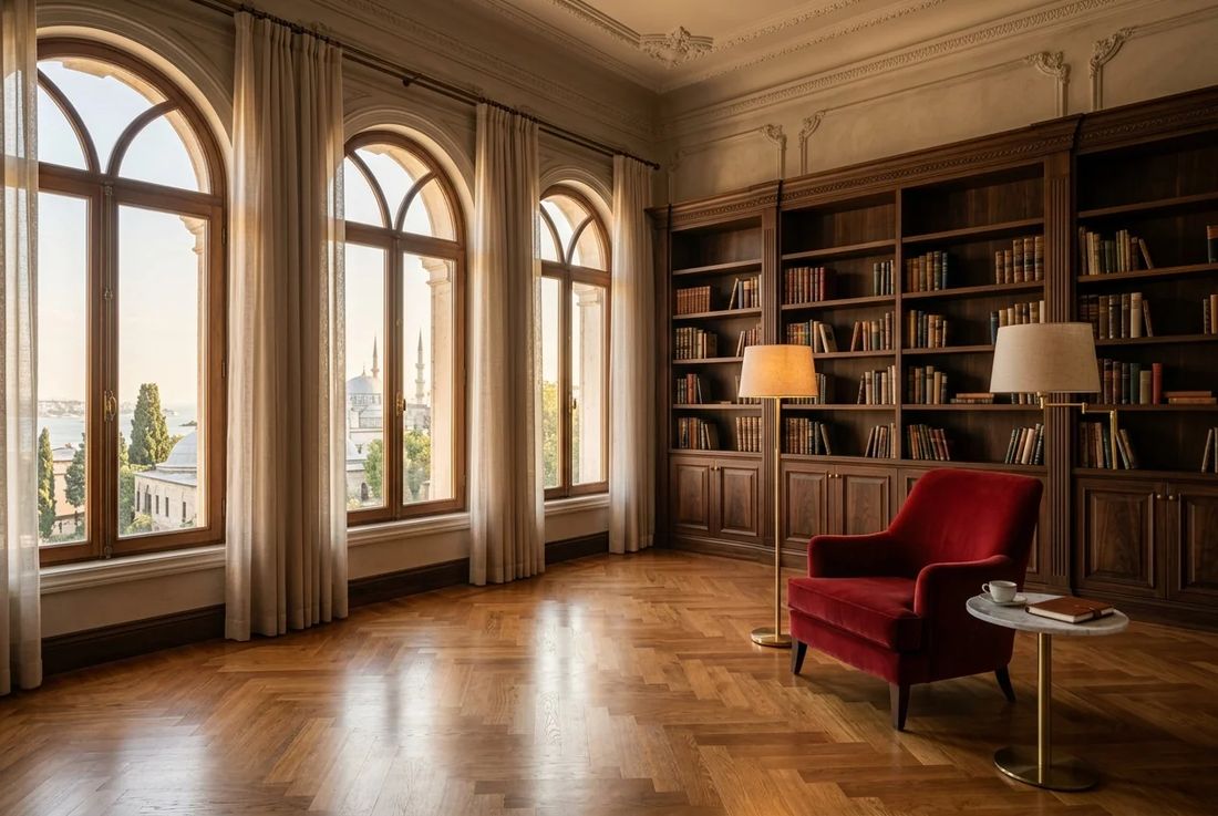 Prestigious Istanbul legal consultation room with arched windows, walnut library and a deep red velvet armchair