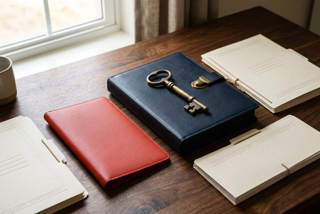 Antique brass key resting on a navy property closing portfolio beside a textured red leather document wallet