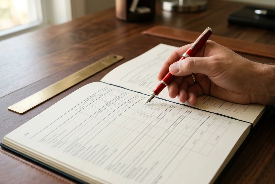 Single natural hand auditing a quarterly corporate tax ledger with a red pen and brass ruler on walnut desk