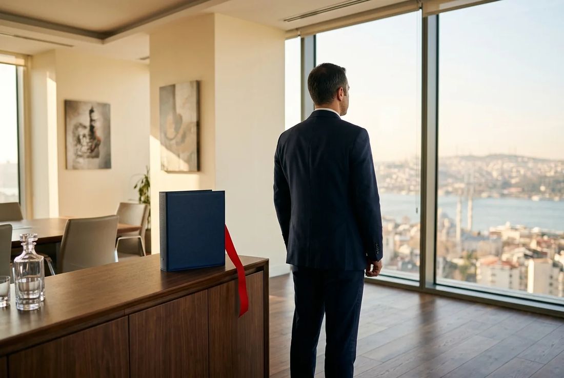Corporate executive in a dark navy suit overlooking the Istanbul skyline with a corporate tax dossier and red bookmark