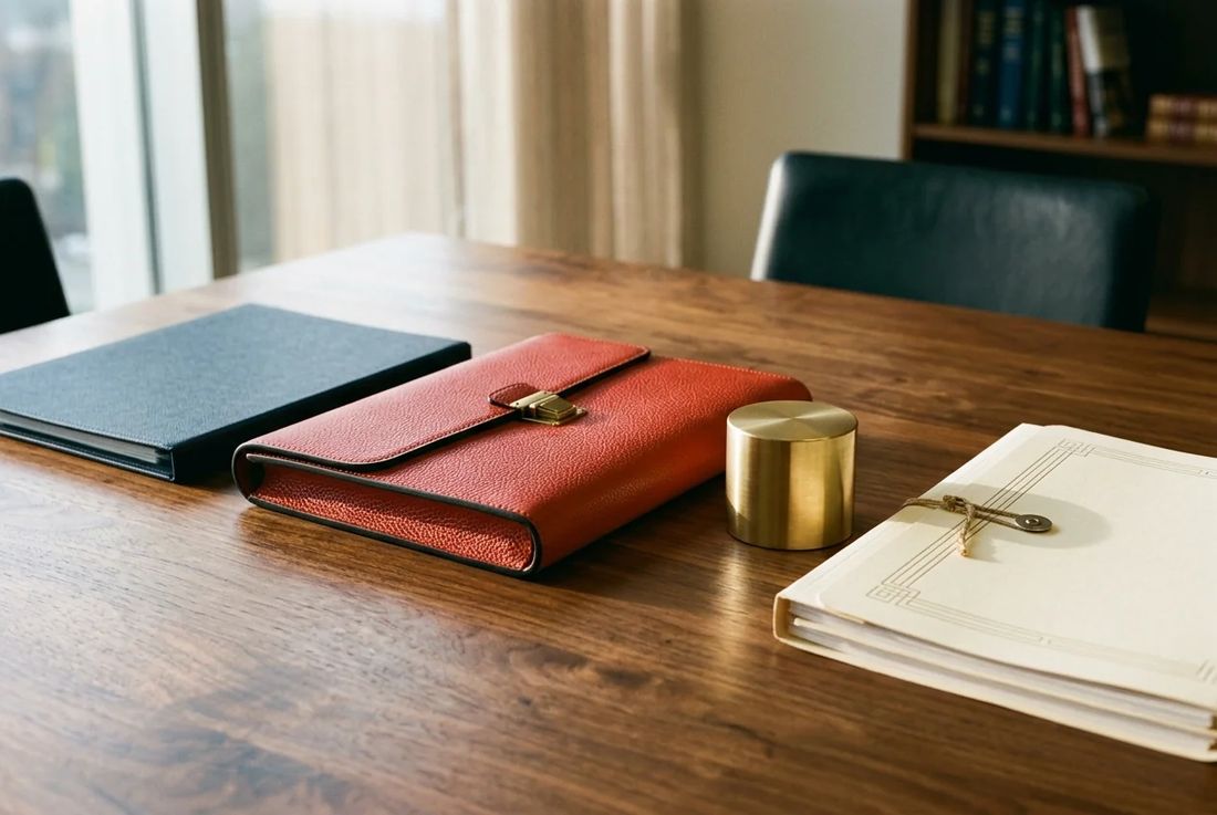 Navy corporate structuring dossier beside a textured red leather case and embossed financial reports