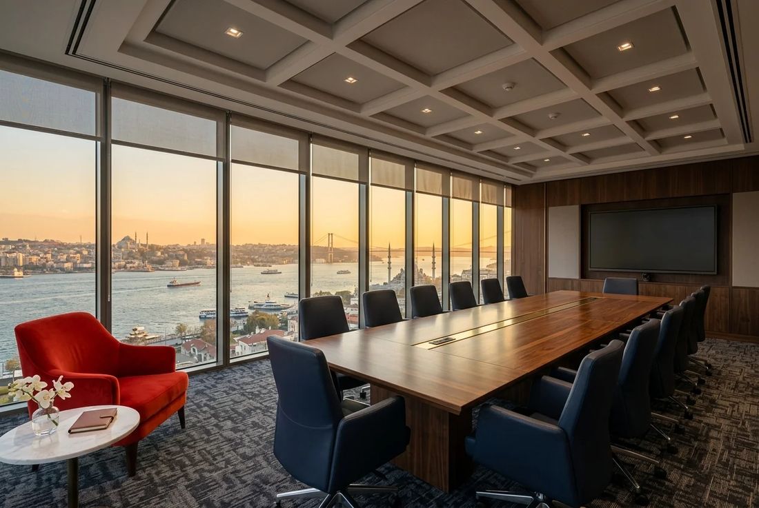 Executive boardroom at sunset overlooking the Bosphorus with a walnut conference table and a red velvet accent chair