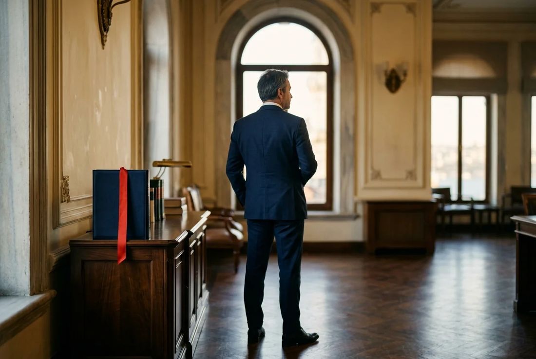 Litigation client reviewing cross-border dispute documents in an Istanbul office with a navy judgment folder and red bookmark