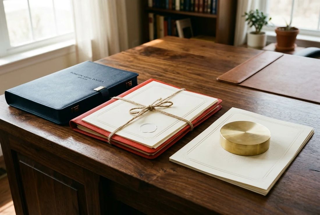 Navy court enforcement file with brass seal weight, apostilled judgment and red leather case
