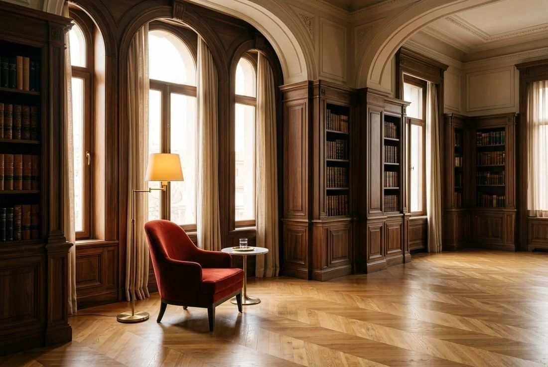High-level dispute resolution chamber in Istanbul with walnut furnishings, bookshelves and a red velvet chair