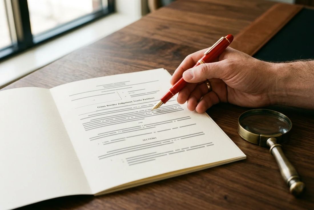 Single hand reviewing reciprocity and service requirements on an enforcement petition with a red pen and brass ruler