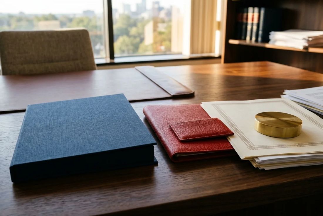 Navy company formation kit with brass seal stamp beside a red leather binder and corporate registry files