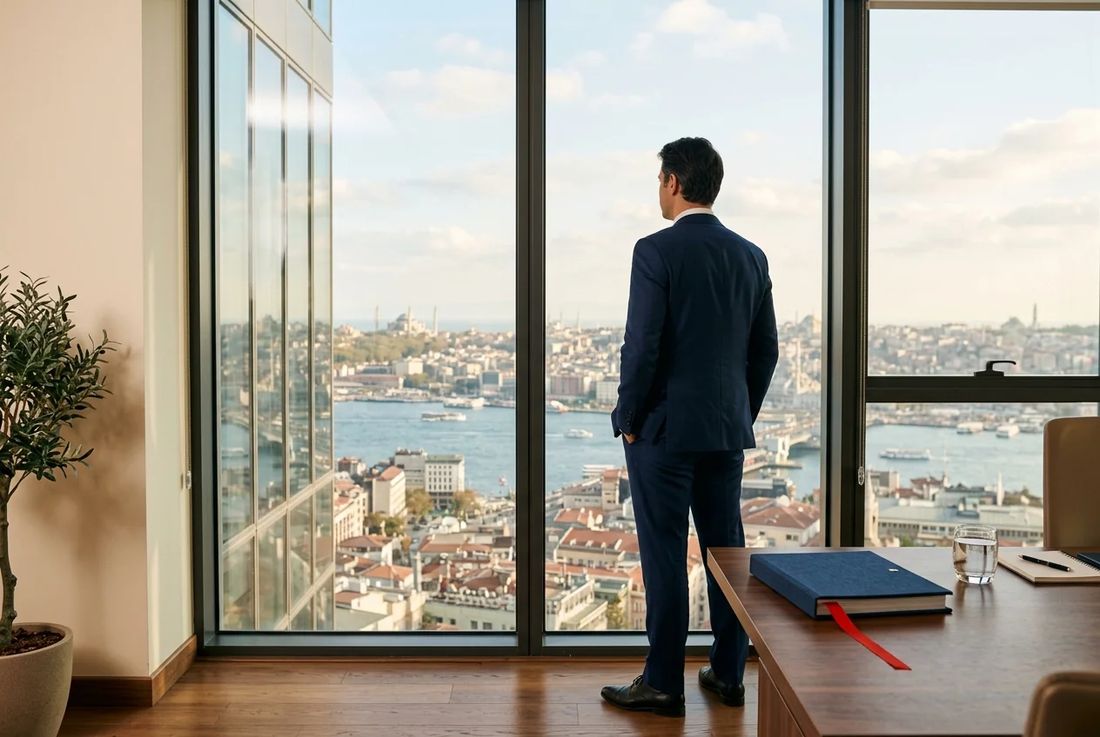 International investor overlooking the Istanbul commercial district with an incorporation binder and red ribbon