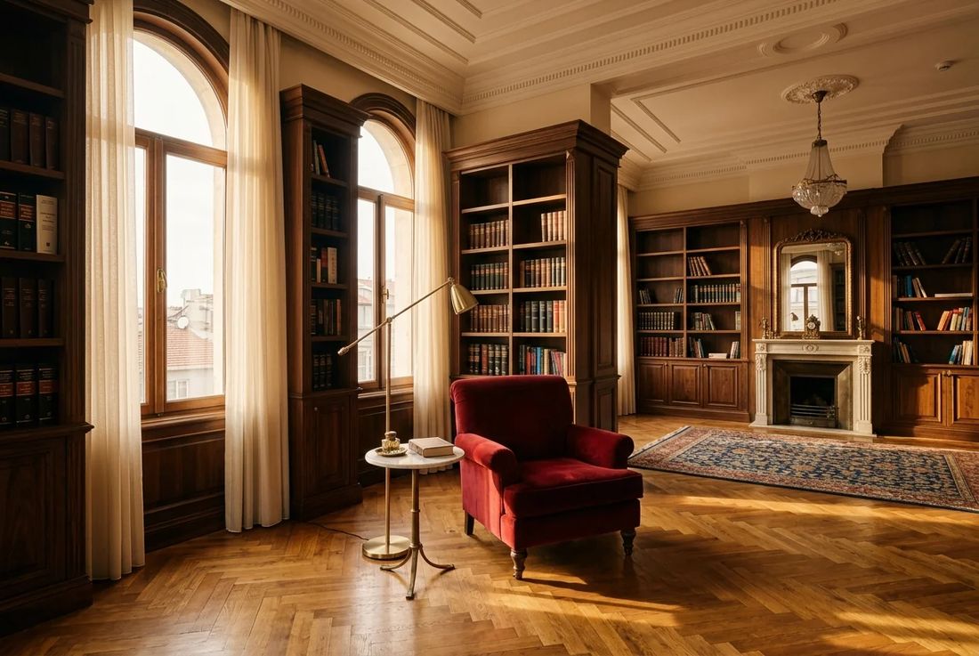 Warm, prestigious Istanbul legal office with walnut shelves, arched window and a deep red velvet armchair