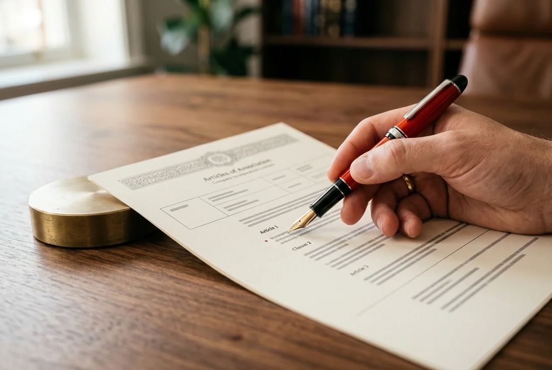 Single hand executing articles of association for trade registry filing with a red fountain pen on walnut desk