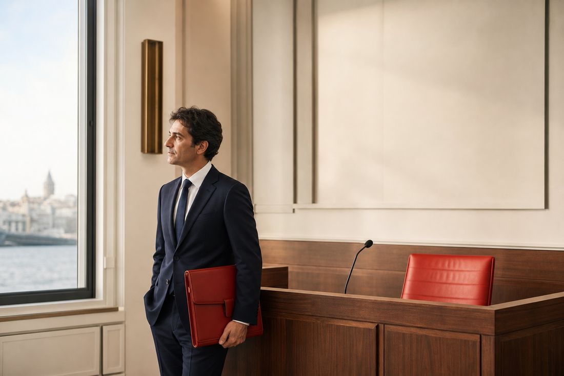 A lawyer in a navy suit holding a red document folder, standing at a window in a hearing room with the Galata skyline across the water