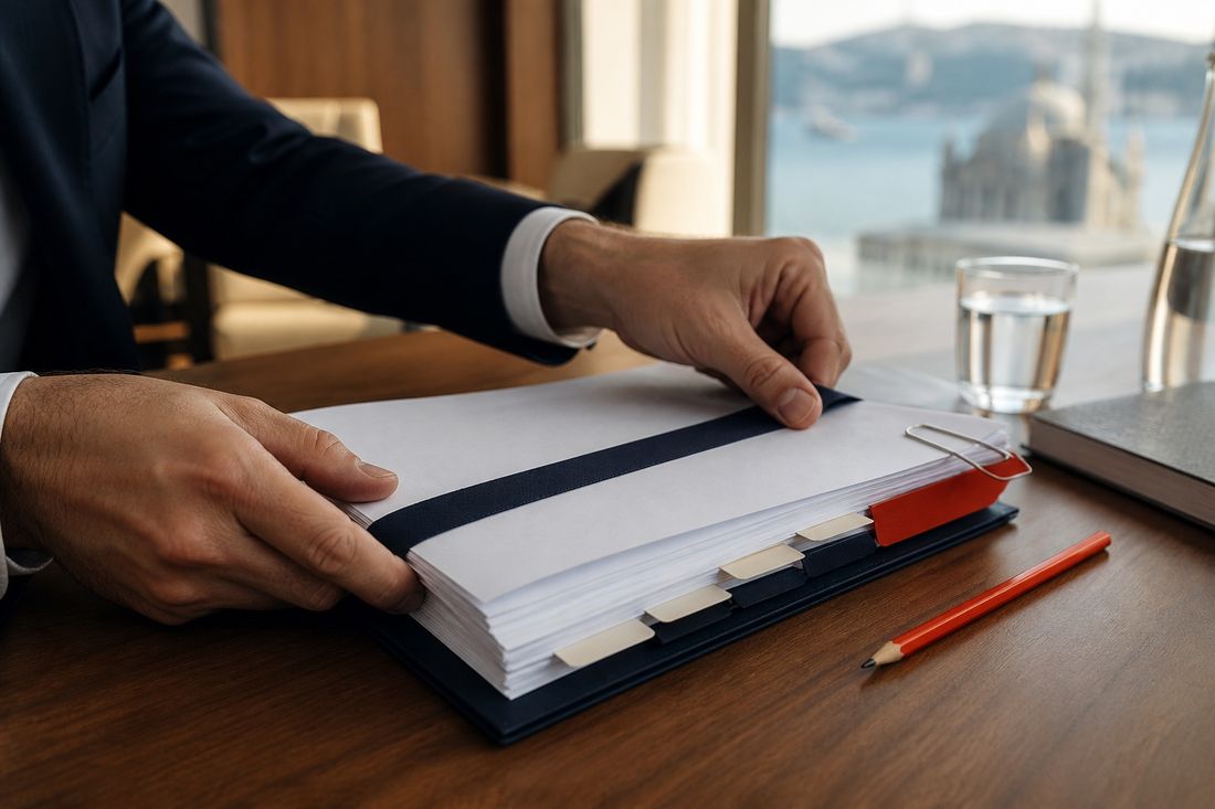 Two hands closing a tabbed case bundle with a navy ribbon, a red pencil on the desk and the Bosphorus behind