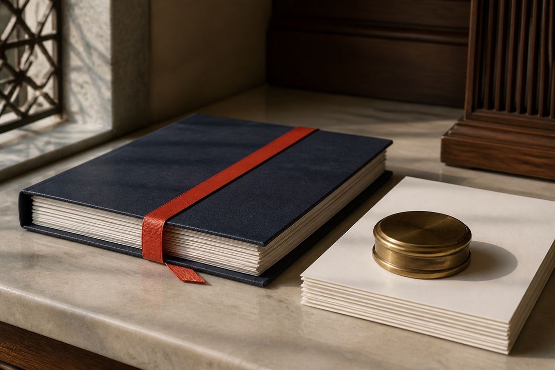 A navy bound volume held shut by a red band, beside a stack of loose sheets and a brass paperweight on a marble ledge