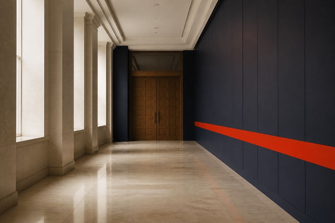 An empty courthouse corridor with stone columns and a navy wall crossed by a single red line