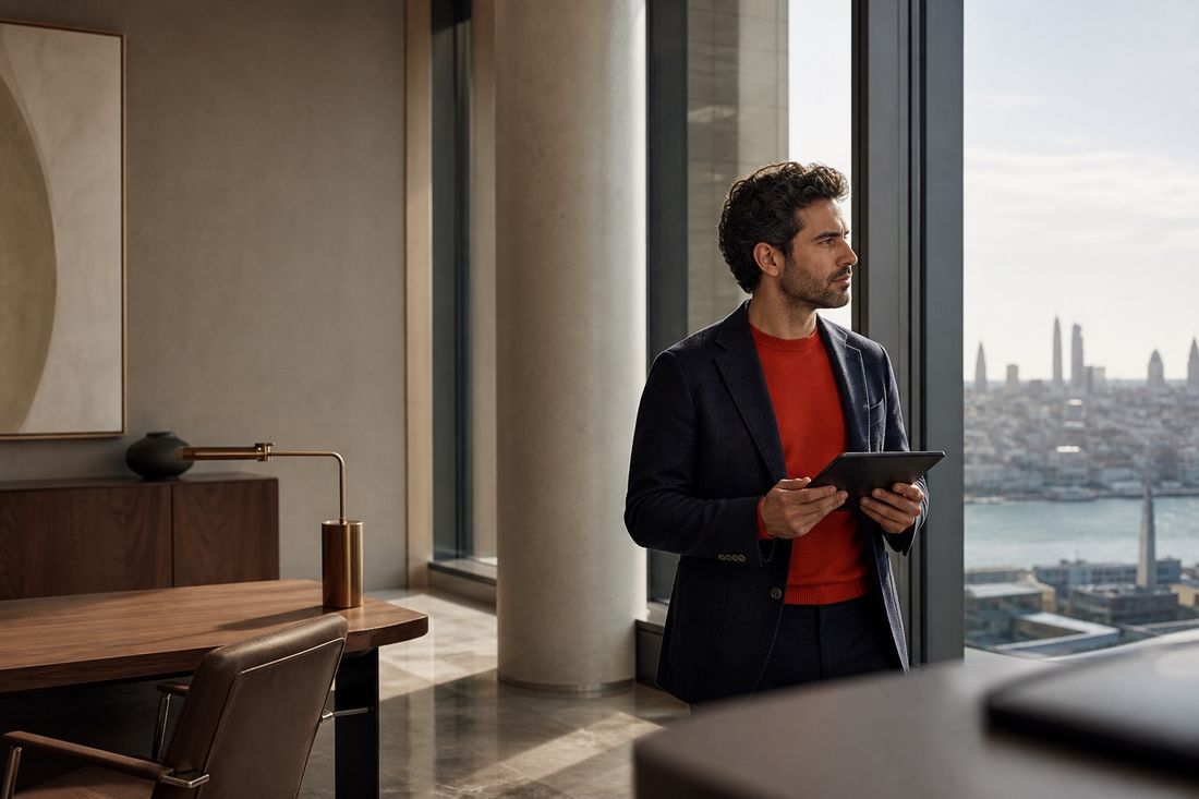 A man in a navy jacket and red jumper holding a tablet at a window, the Istanbul skyline and water behind him