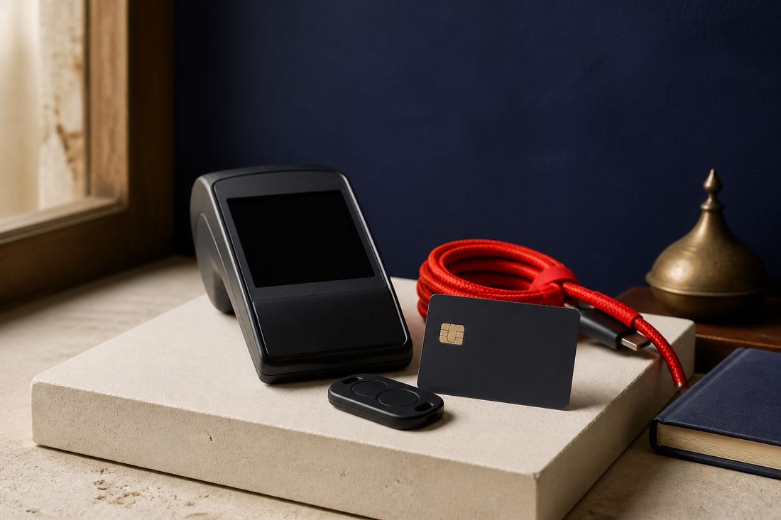 A card terminal, a black chip card, a red braided cable and a brass finial arranged on a stone plinth