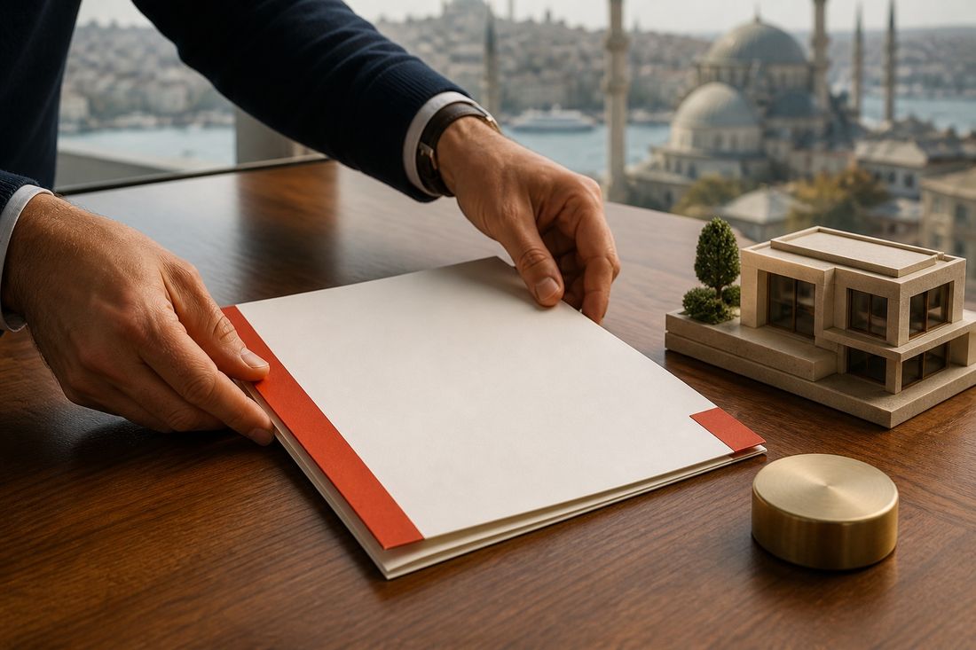 A hand setting down a document folder with a red spine on a desk, an architectural model beside it and the Golden Horn behind
