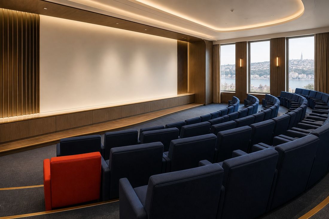 An empty auditorium of curved navy seating with one red seat at the front, daylight and the water beyond the windows