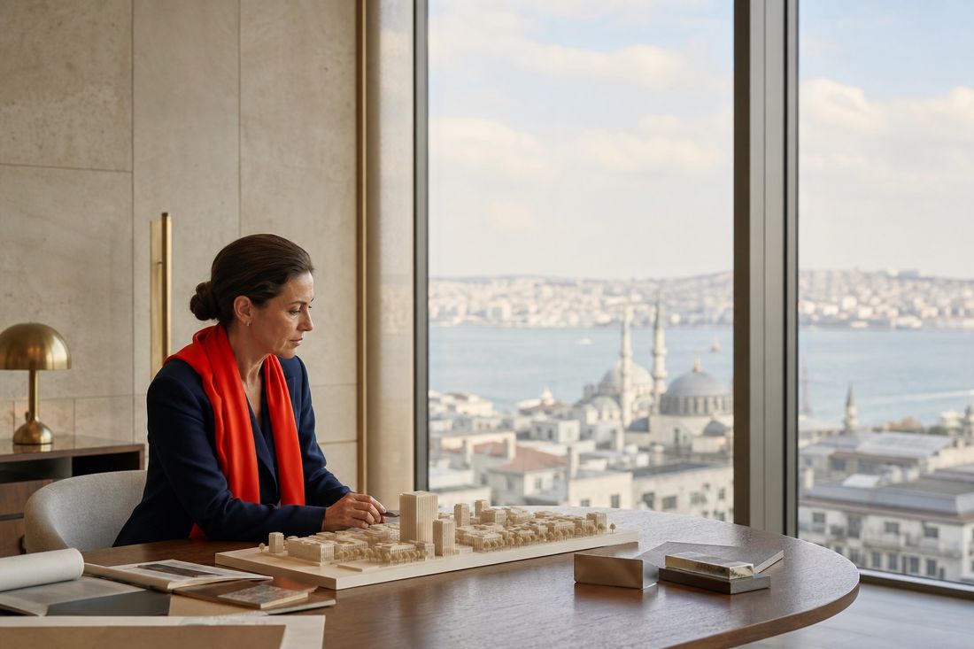 A woman in a navy jacket and red scarf seated at a table with a wooden model of a city block, the Golden Horn and a mosque through the window