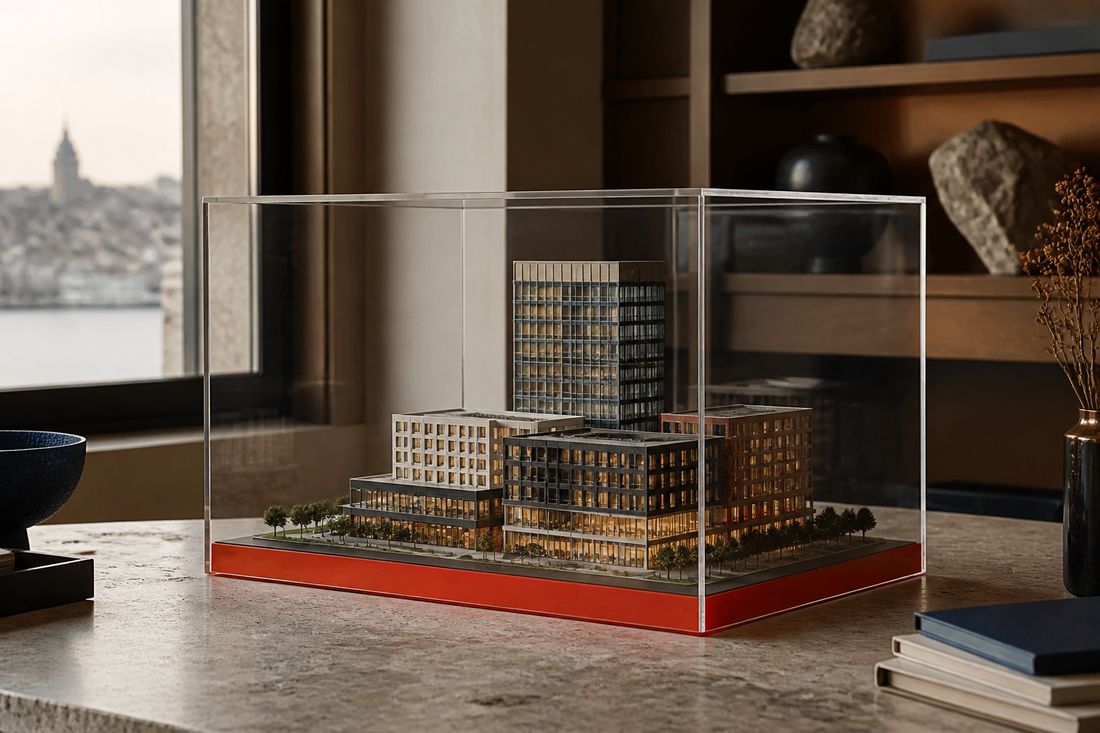 An architectural model of a building complex in a clear display case on a red base, Galata visible through the window behind