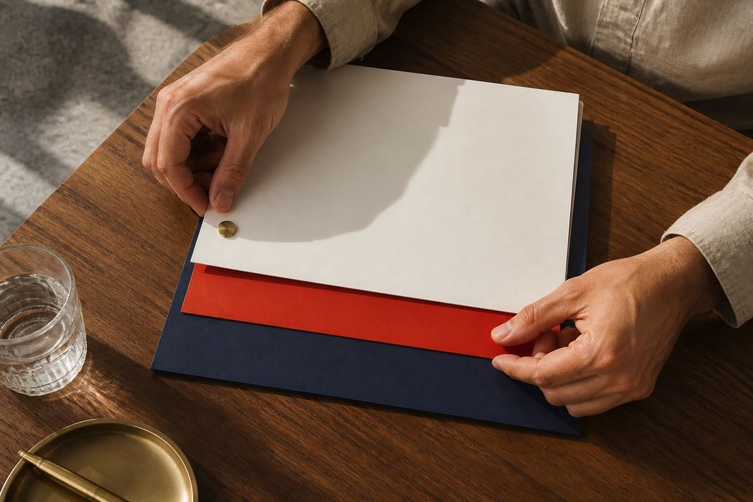 Two hands squaring a stack of cream, red and navy sheets on a wooden desk beside a brass tray