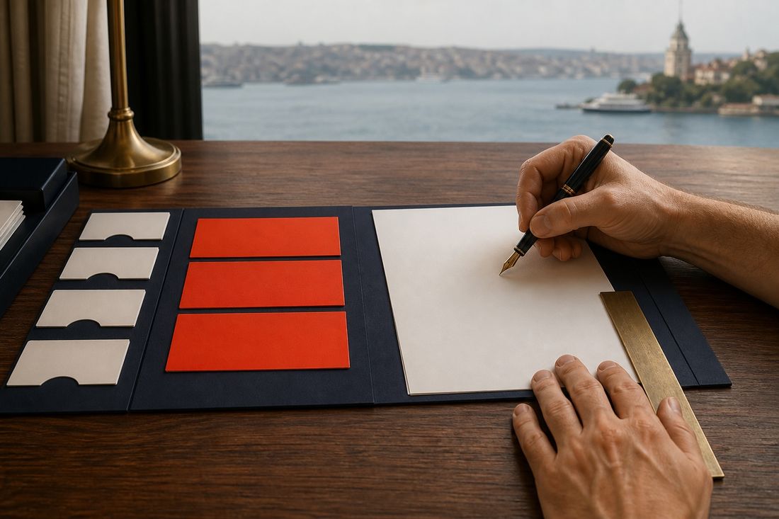 A hand writing with a fountain pen on a navy folder holding cream and red inserts, a brass ruler alongside and the Maiden's Tower behind