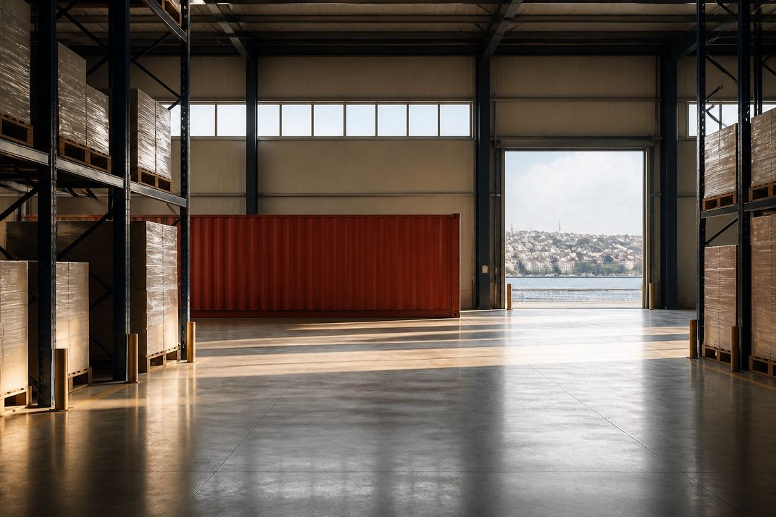 A warehouse interior with pallet racking on both sides and a red shipping container framed in the open doorway, sea beyond