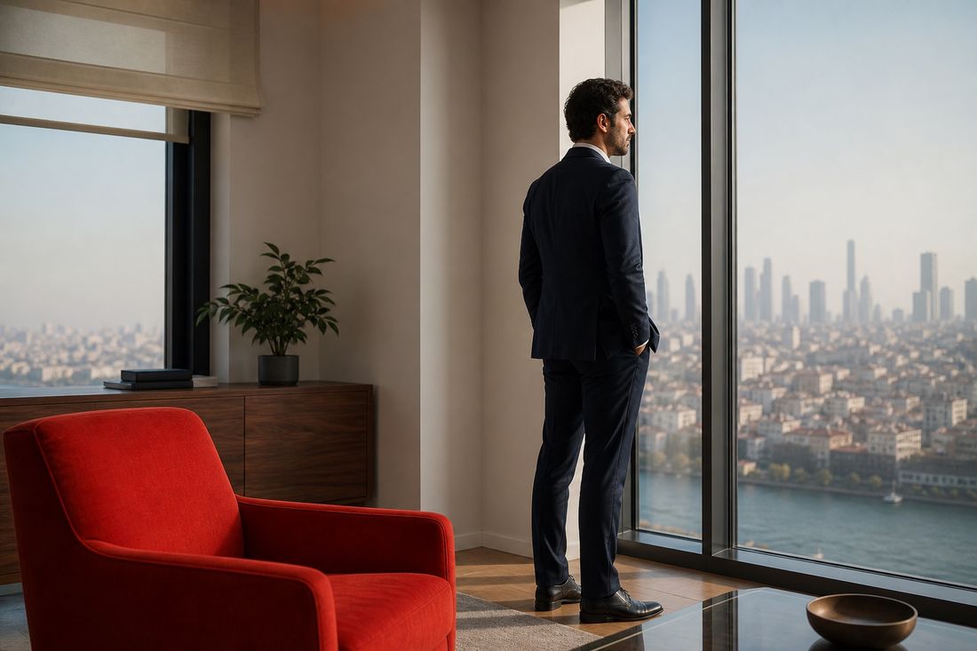 A man in a navy suit standing at a floor-to-ceiling window above Istanbul, a red armchair behind him in the room