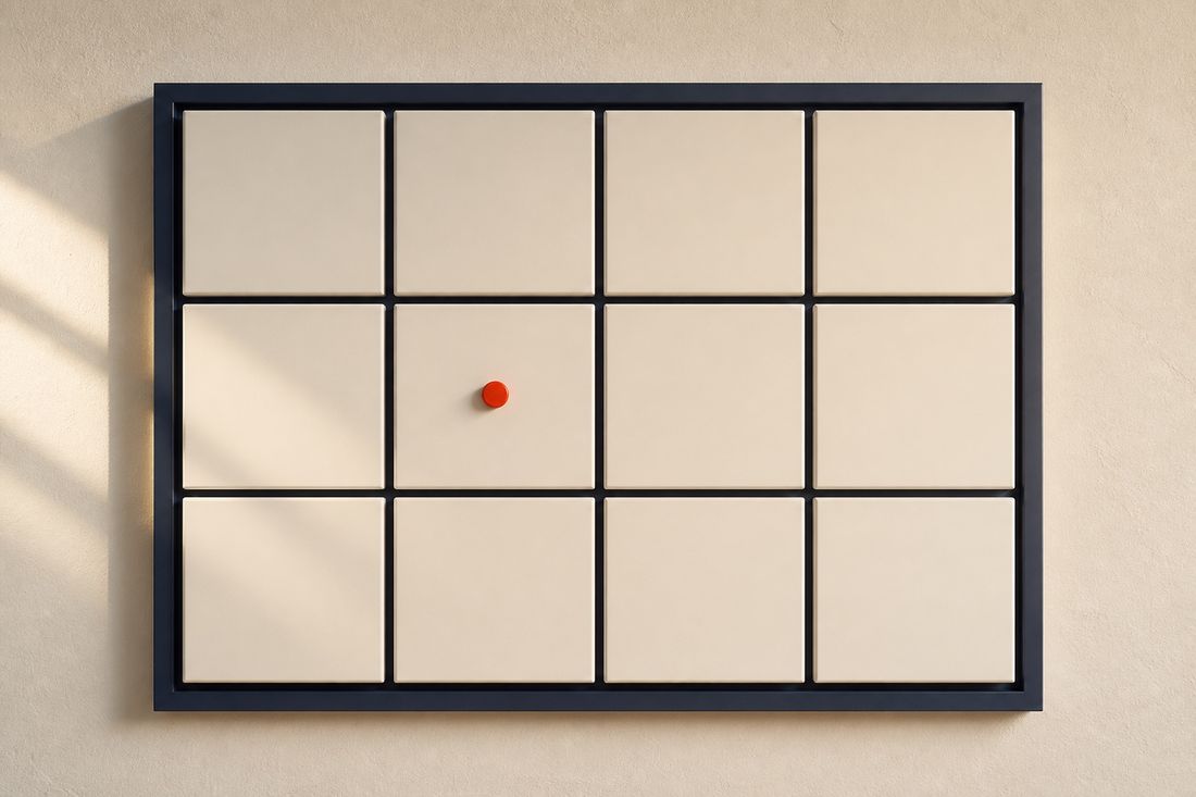 A twelve-cell grid panel on a wall with a single red marker pinned to one cell