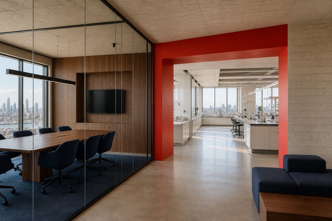 A glass-walled meeting room and, through a red-framed opening, a laboratory space beyond