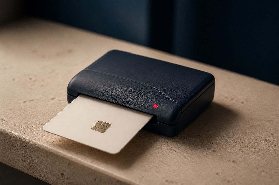 A hand inserting an electronic signature token into a laptop on a desk, a red desk pad and a stack of documents alongside