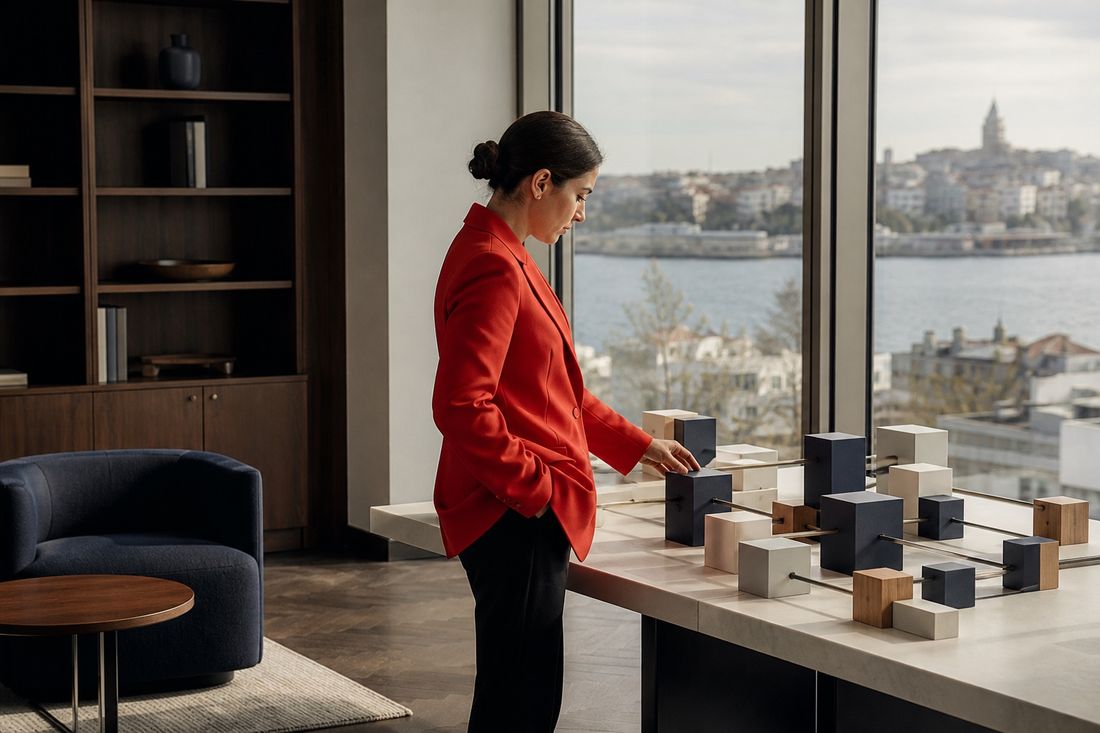 A woman in a red blazer standing at a long table, arranging navy and pale blocks, Galata and the water through the window