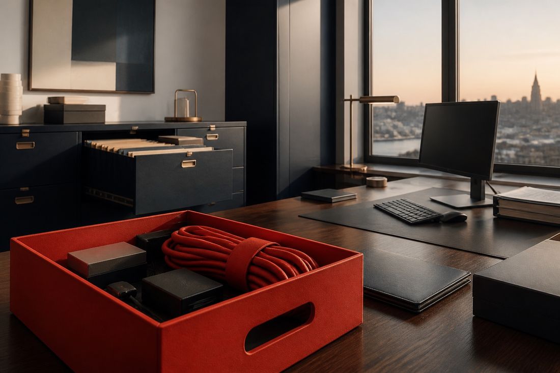 A red tray holding devices and a coiled red cable on a desk, an open filing drawer behind and the city at dusk