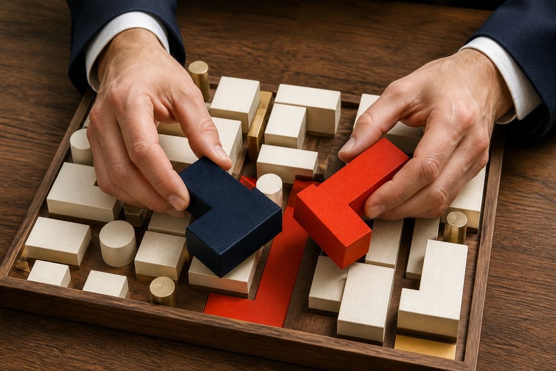 Two hands fitting a navy block and a red block into a tray of pale wooden pieces
