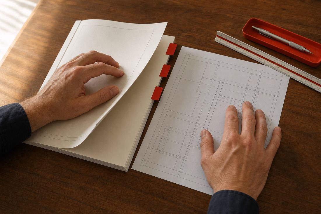 Two hands on an open folder showing a technical drawing, red index tabs, a scale ruler and a red pen tray