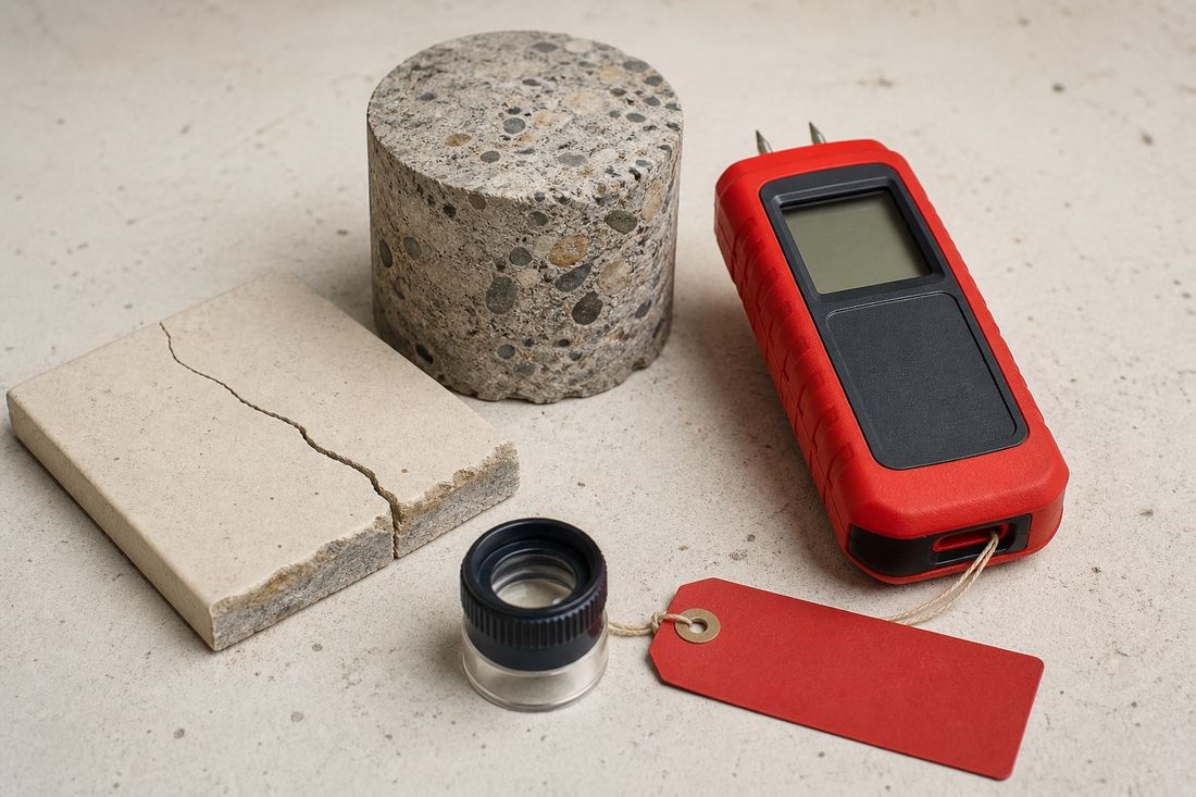 A cracked stone tile, a concrete core sample, a red moisture meter, a loupe and a red tag laid out for inspection