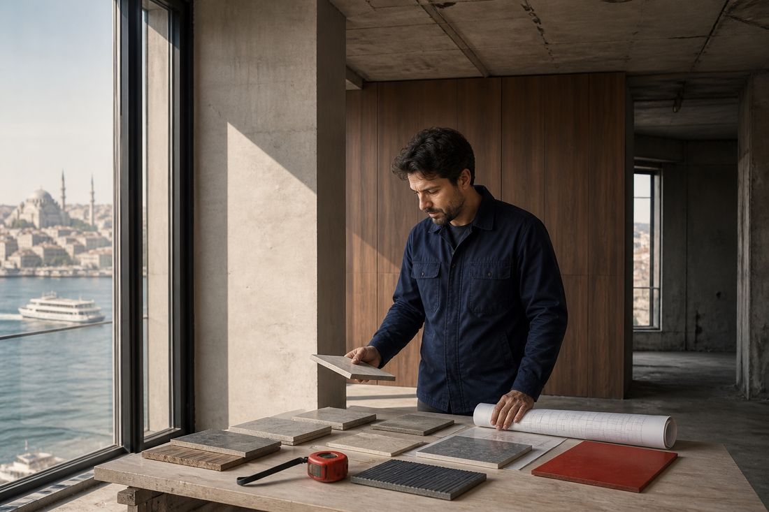 A man in navy workwear at a table of material samples and a rolled drawing inside an unfinished concrete floor, a mosque and the sea through the opening