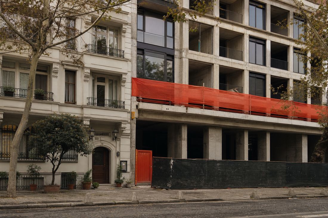 An older apartment building standing beside a new concrete frame hung with red safety netting, street trees in front