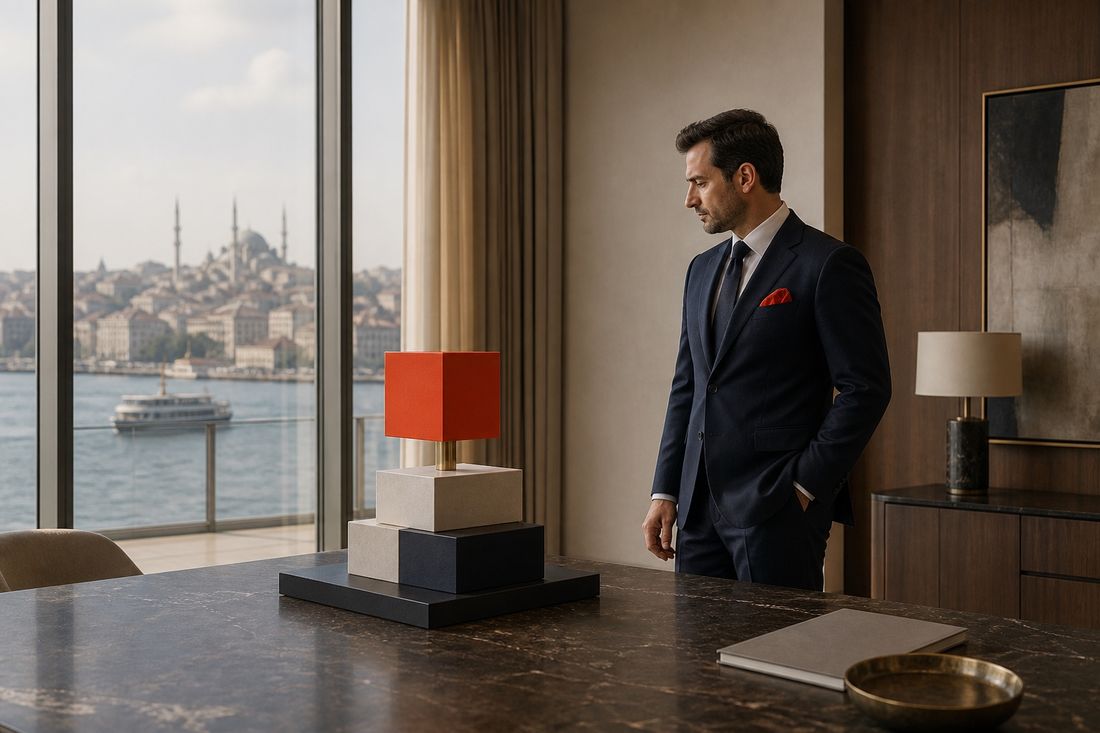 Man in a navy suit with a red pocket square standing in a wood-panelled office above the Istanbul waterfront, a ferry passing outside