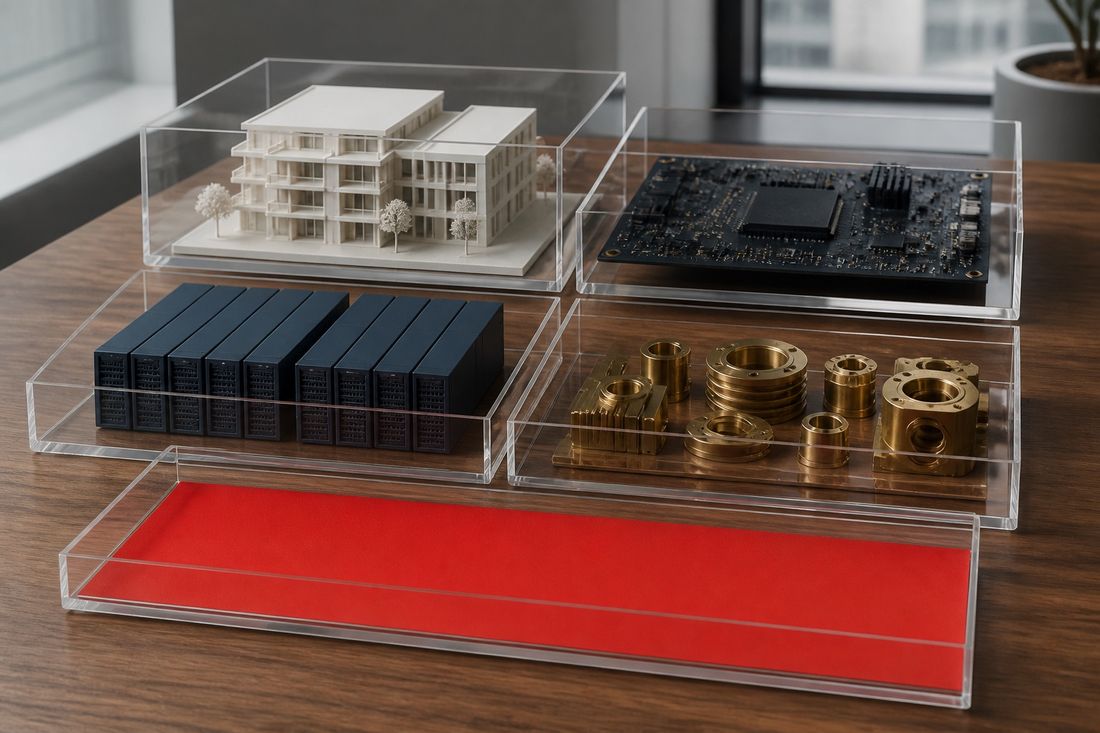Clear acrylic cases on dark wood hold a white building model, a circuit board, navy server units and brass parts, beside an empty red-lined tray