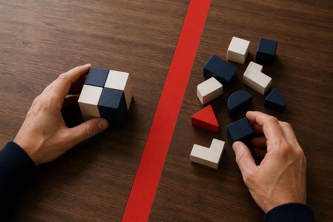 A red band across dark wood separates one hand holding a single assembled navy-and-cream cube from another hand sorting loose scattered blocks