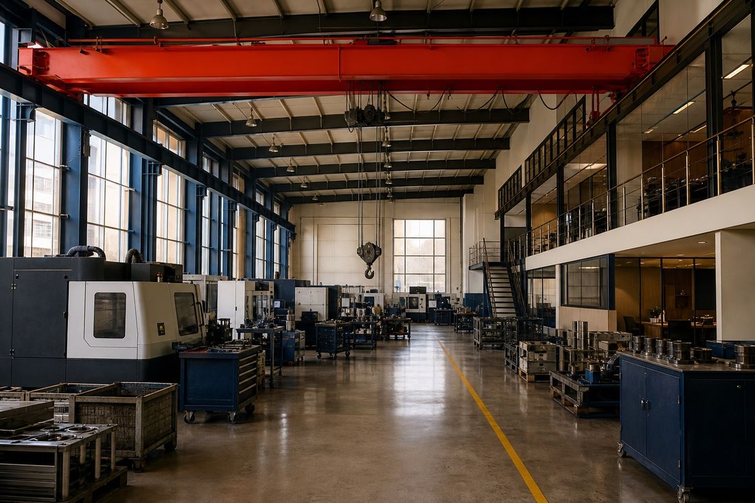 Working machine shop with rows of CNC machines, a red overhead gantry crane, glazed mezzanine offices and a yellow line marking the floor