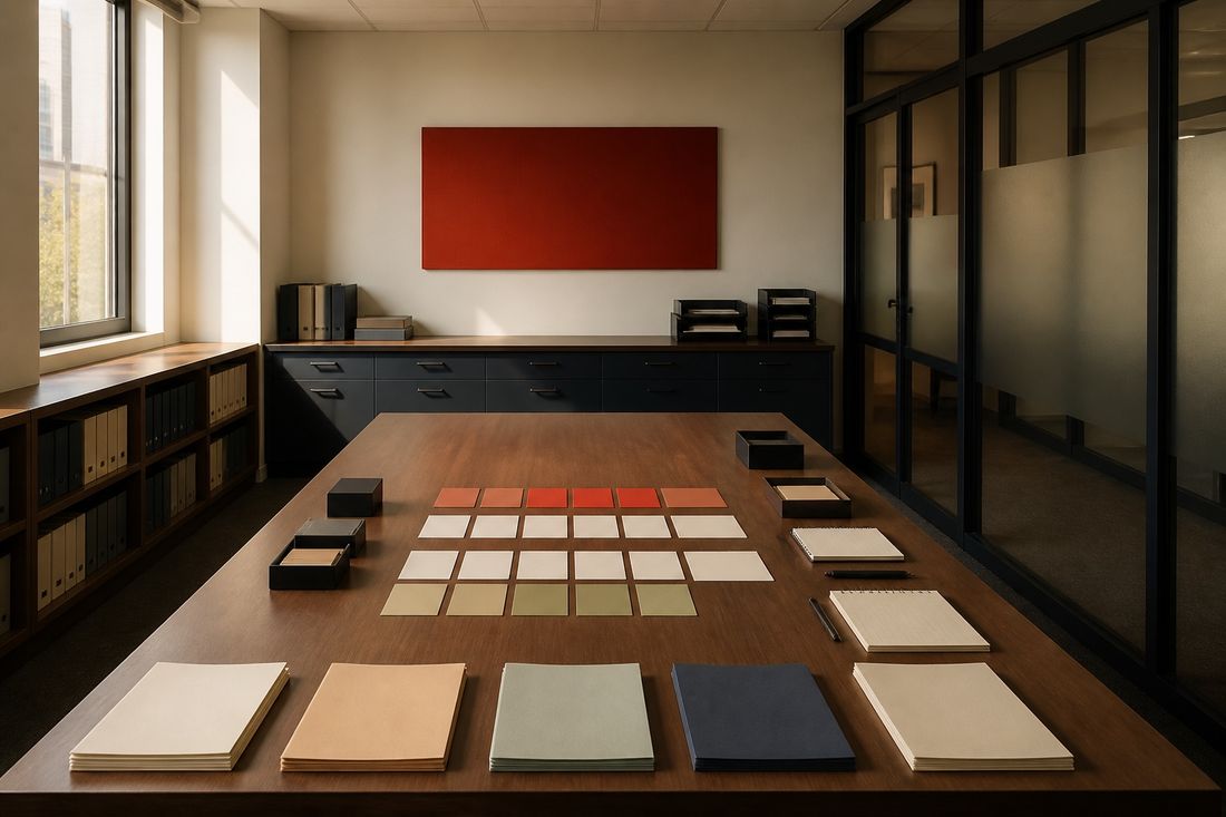 Long wood table laid with rows of blank cards in red, cream and olive, beside stacked document sets, notepads and a pen, before shelved binders