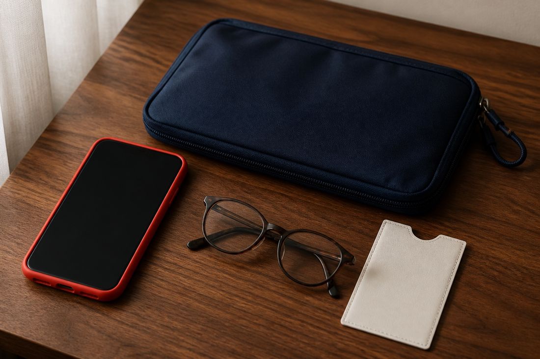 A phone in a red case with a dark screen, round glasses, a navy zipped travel pouch and a cream card sleeve on dark wood