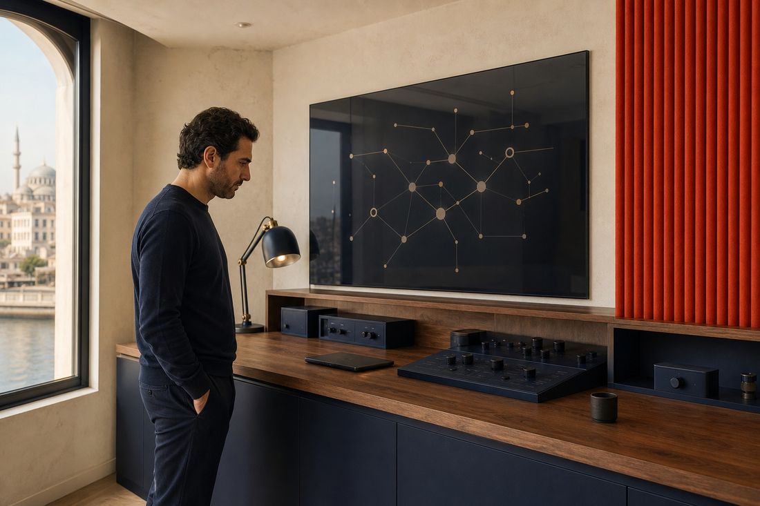Man in a navy sweater by a walnut counter, a gold node-and-line diagram on the wall screen beside an arched window over the water