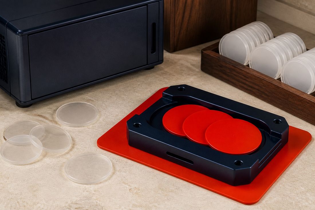 Three red discs seated in a machined navy tray on a red mat, with frosted clear discs and a wooden case on cream stone